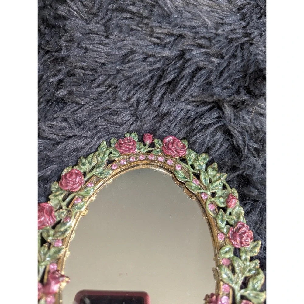 Vintage Ornate Rose Hand Mirror‎ Gold Tone Pink Rhinestone Floral Vanity